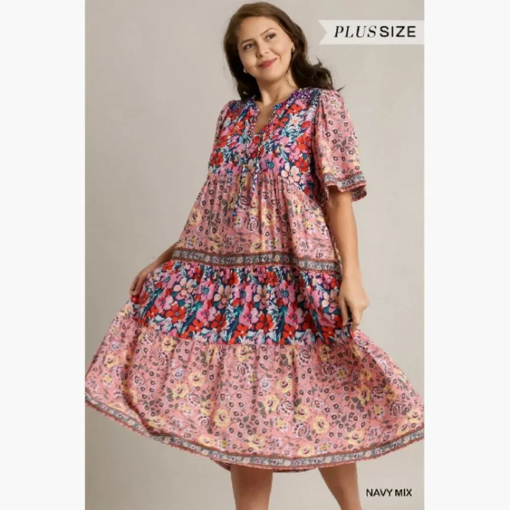 Bohemian Floral Print Maxi Dress - Plus Size XL - Navy Multicolor - Picture 1 of 7